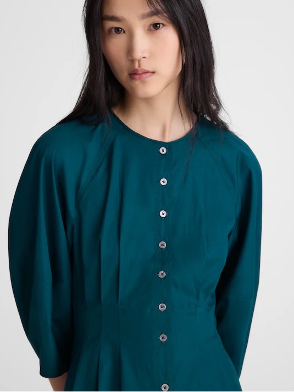 Madewell Sculptural-Sleeve Pleated Mini Shirt Dress Teal Green fit and flare - Picture 5 of 12